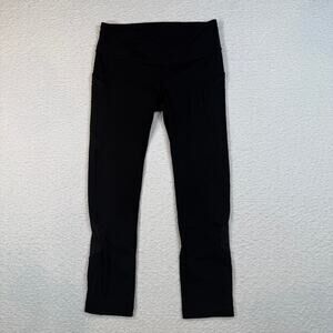 Lululemon Crop Leggings Run Inspire II Pocket Solid Black Mesh Panel Womens Sz 4